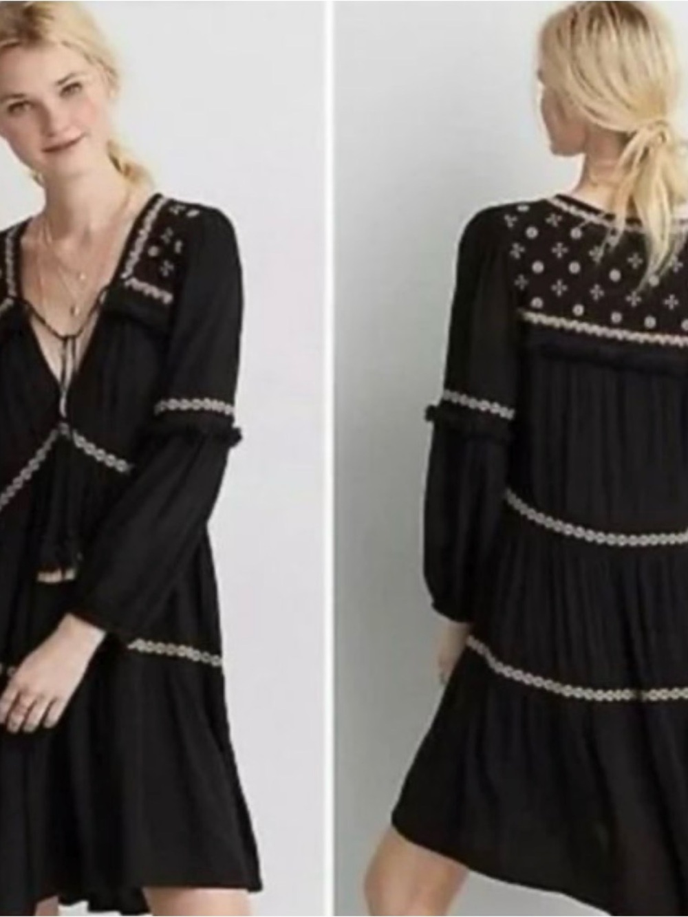 American Eagle Outfitters Black  Embroidered Peasant Mini Dress size Medium